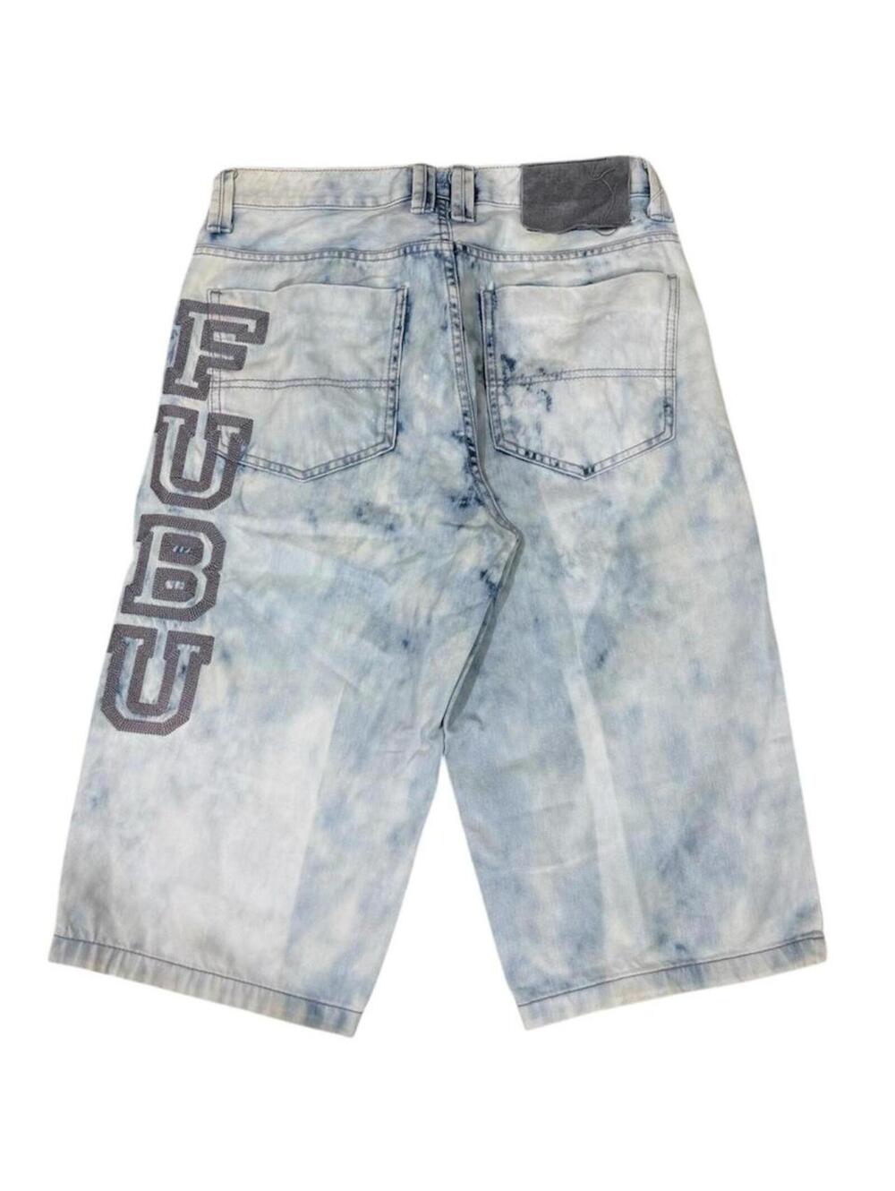 Fubu collection light wash jorts with embroidered font